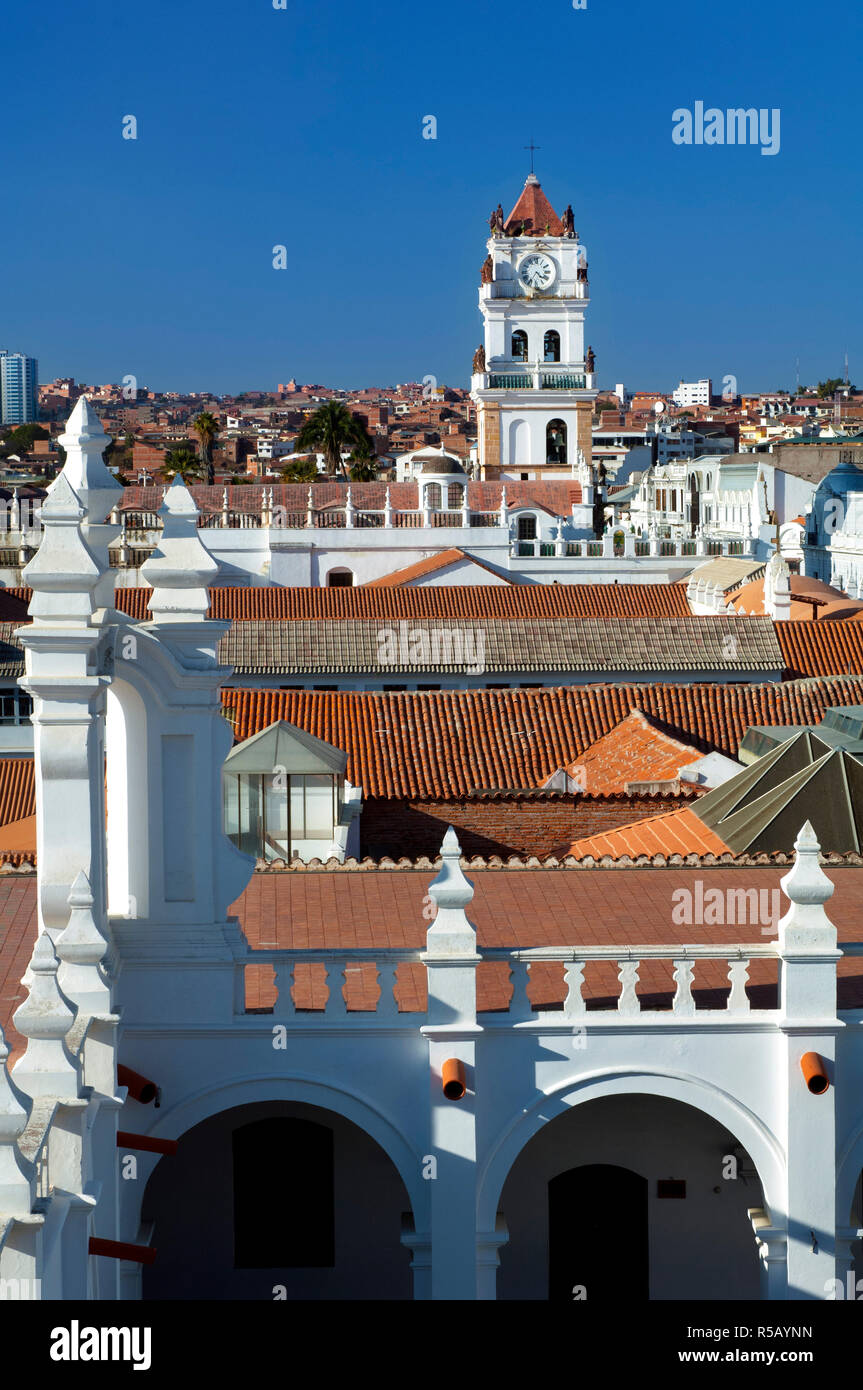 Sucre Cathedral Clock Tower, View From The Rooftop Of The San Felipe de Neri Monastery, Sucre, Bolivia, The White City, La Ciudad Blanca, UNESCO World Heritage Site. Stock Photo