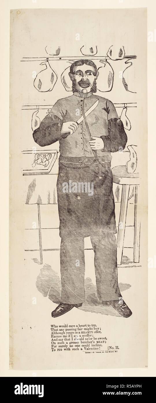 Illustration for a Valentine card. An unflattering card for a butcher. [A collection of 111 Valentines.] (There are 161 plates). [London, 1845-50?]. Source: HS.85/2 plate 138. Stock Photo
