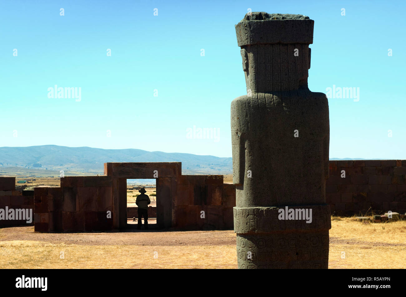 Bolivia, Tiahuanaco Ruins, Ponce Monolith Statue, Temple Gateway, Kalasasaya Courtyard Stock Photo