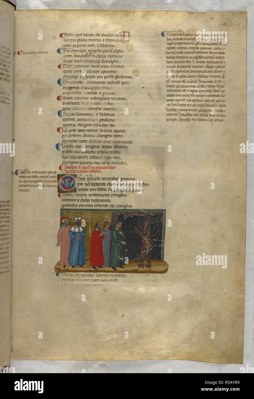 Inferno: Minos judging three souls. Dante Alighieri, Divina Commedia ( The Divine Comedy ), with a commentary in Latin. 1st half of the 14th century. Source: Egerton 943, f.10. Language: Italian, Latin. Stock Photo