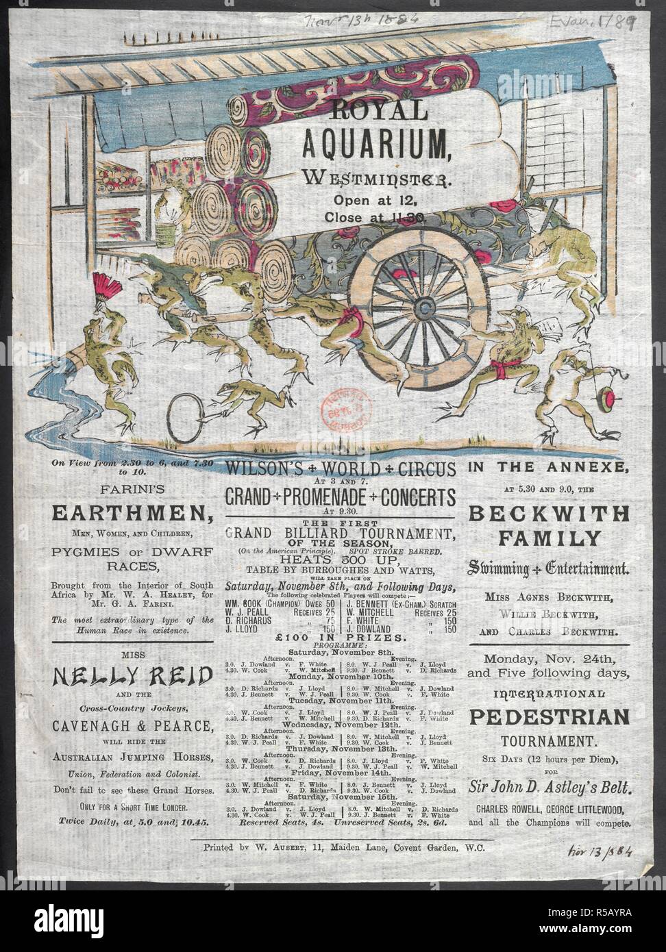 Royal Aquarium, Westminster. A collection of pamphlets, handbills, and miscella. 1884. Royal Aquarium, Westminster Farinis earthmen Miss Nelly Reid, Wilsons World Circus Notice. 33 cm.  Image taken from A collection of pamphlets, handbills, and miscellaneous printed matter relating to Victorian entertainment and everyday life.  Originally published/produced in 1884. . Source: EVAN.1789,. Language: English. Stock Photo