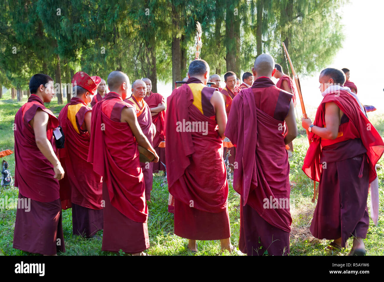 Monks carrying out Buddhist ceremony, Punakha Dzong (monastery), Punakha, Bhutan Stock Photo