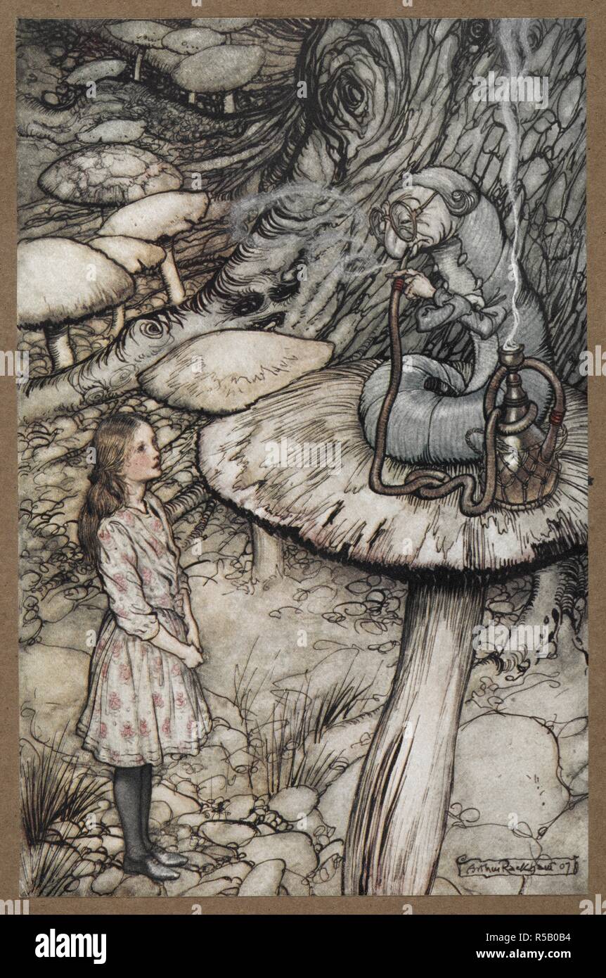 Alice talking to the Caterpillar who is sitting on a mushroom smoking a pipe. Alice's Adventures in Wonderland Illustrated by Arthur Rackham. With a proem by Austin Dobson. L.P.. William Heinemann: London; Doubleday, Page & Co.: New York, [1907.]. Advice from a Caterpillar. Source: K.T.C.105.b.1. opposite page 50. Author: RACKHAM, ARTHUR. Carroll, Lewis pseud. [i. e. Charles Lutwidge Dodgson]. Stock Photo