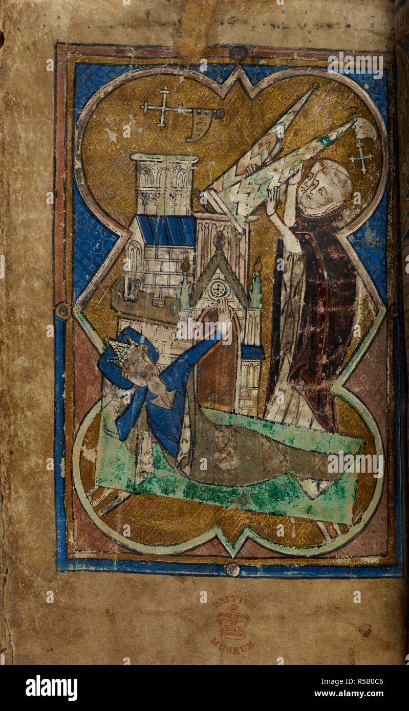 Full-page miniature of the dream of Pope Innocent III with Dominic and another friar (possibly Francis) supporting the collapsing basilica of Saint John Lateran. Psalter Hours with a calendar, litany, and prayers. England: 1st half of the 14th century. Source: Harley 2356, f.8v. Language: Latin and some French and English. Stock Photo