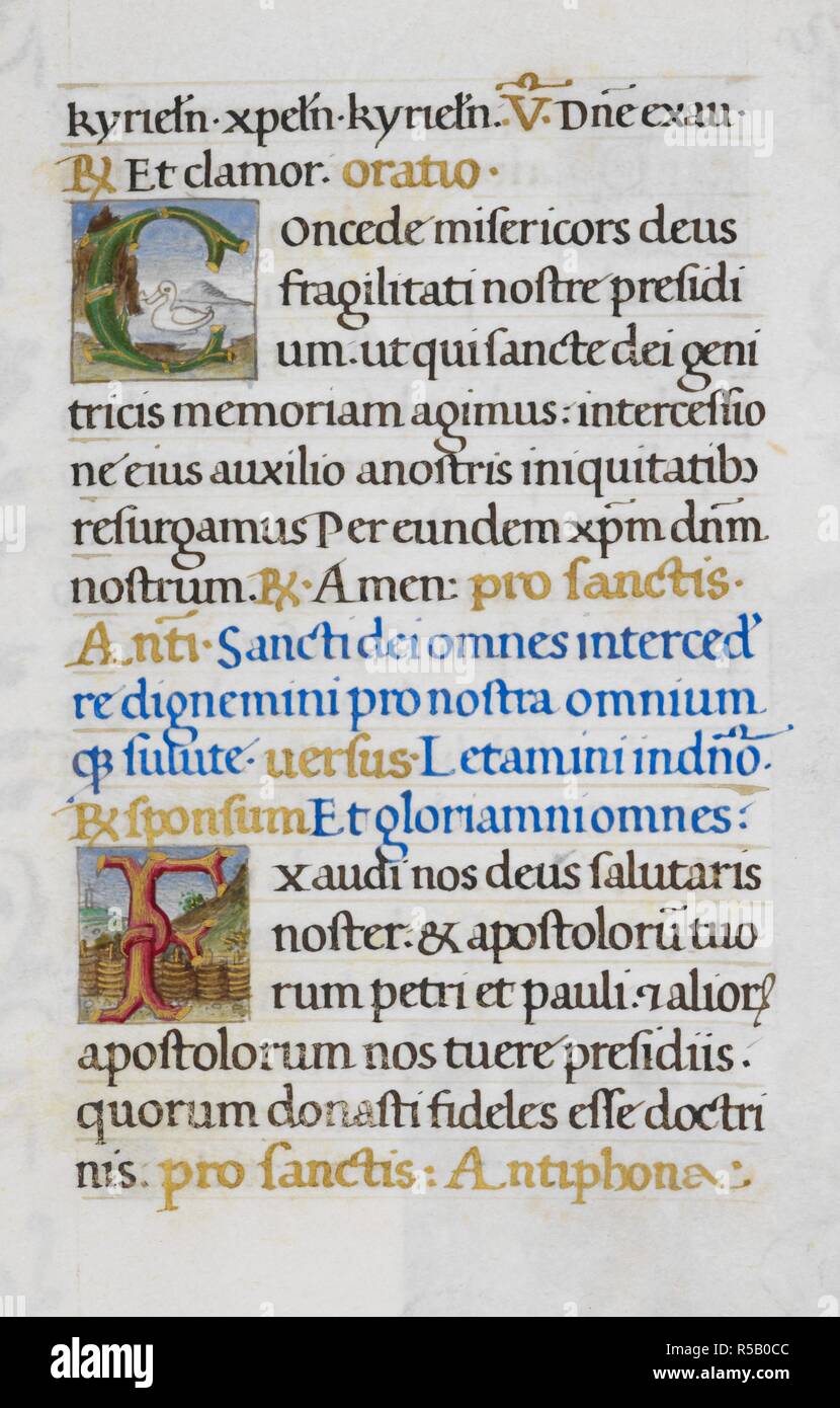 Text page; initials 'C' and 'F'. Mirandola Hours. Italy, circa 1490-1499. [Whole folio] Text page from the Hours of the Virgin. Initials 'C' and 'F' formed of branches with scenic backgrounds Image taken from Mirandola Hours. Originally published/produced in Italy, circa 1490-1499. Source: Add. 50002, f.37. Language: Latin. Stock Photo