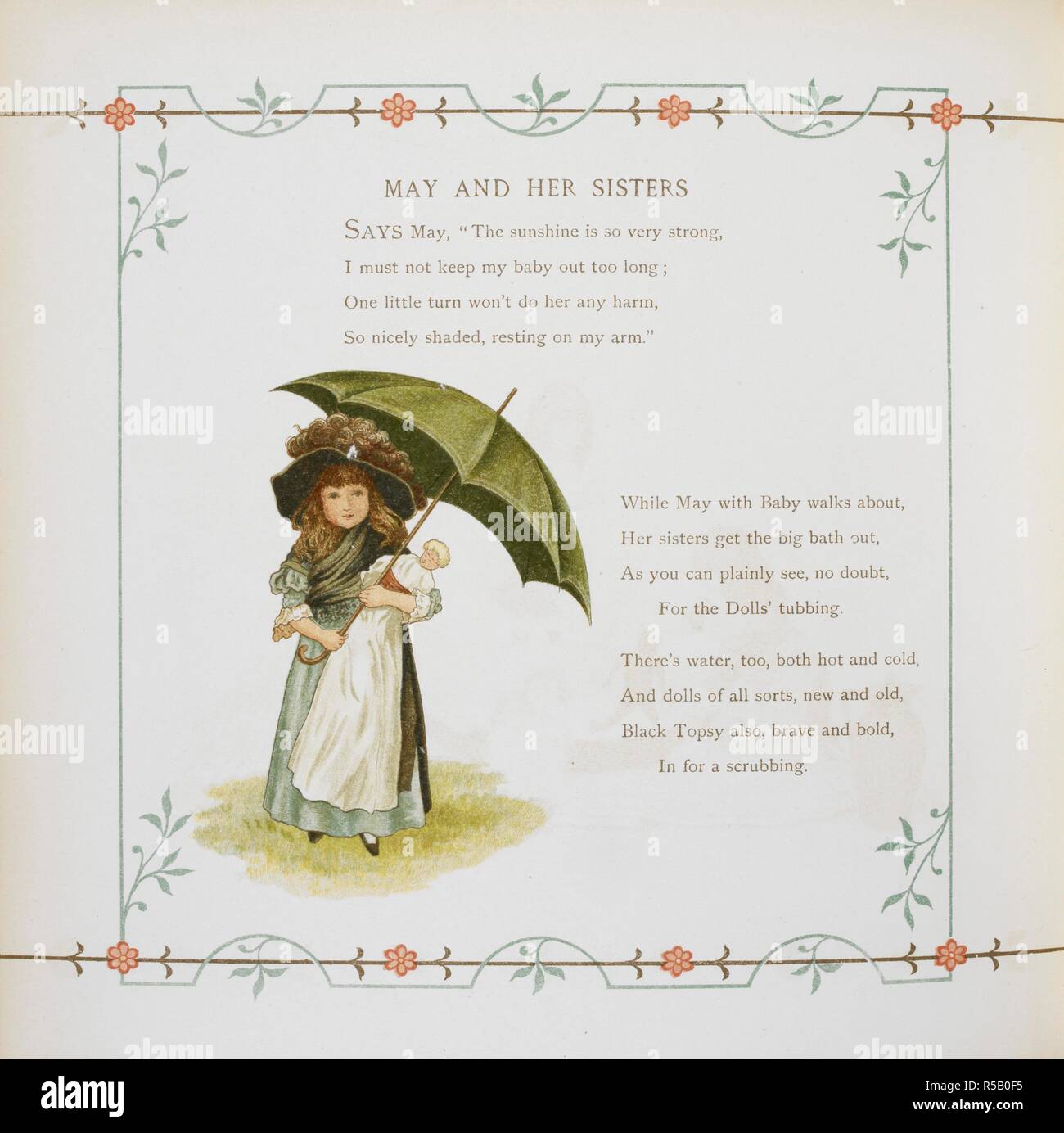 Young girl holding an umbrella. At Home again Verses [Illustrated by] J G Sowerby and T Crane. London : Marcus Ward & Co., [1886]. Source: 12806.t.30 page 44. Author: Sowerby, John G. Sowerby, John: Crane, T. Stock Photo
