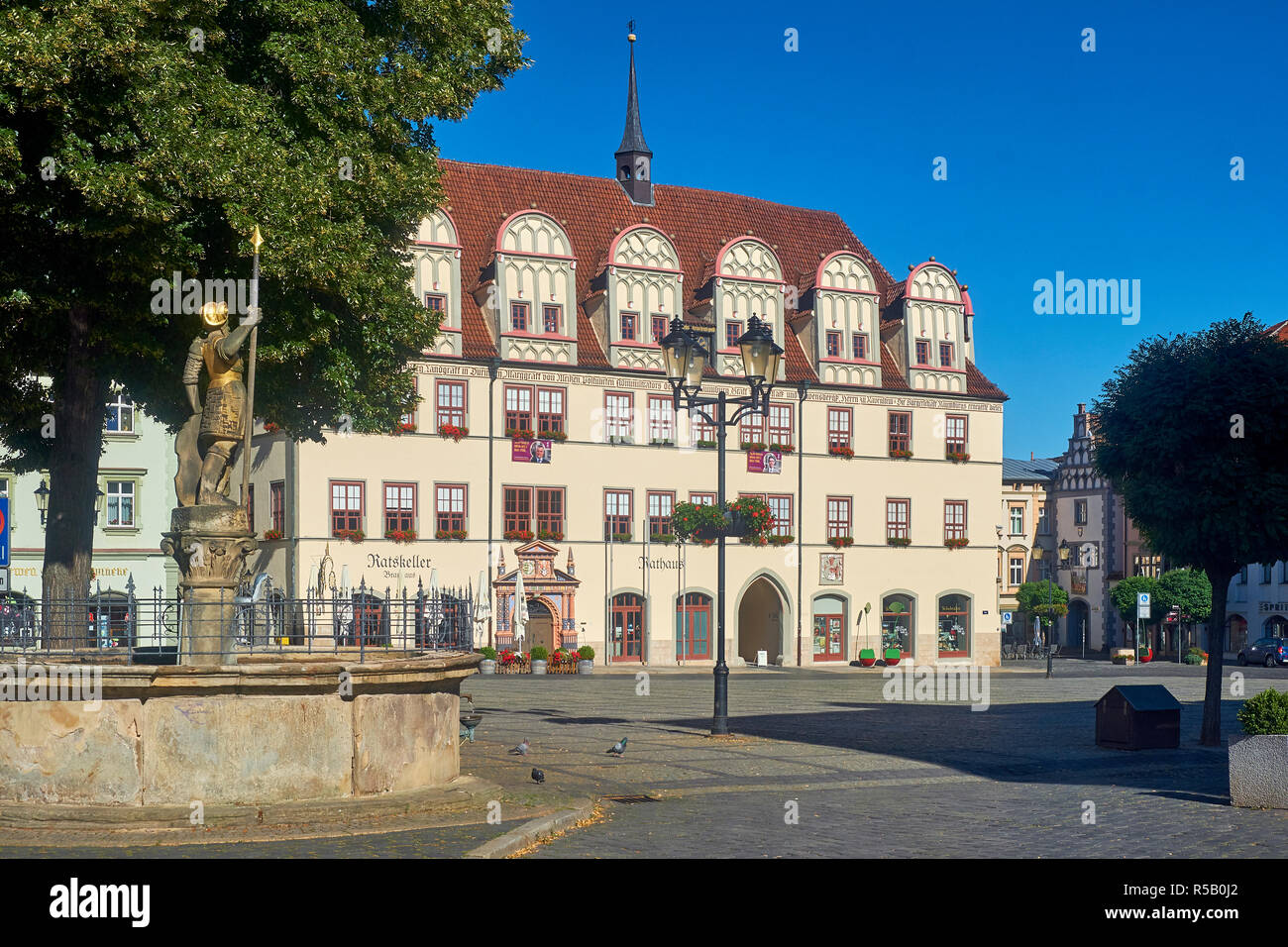 Market with Wenzelsbrunnen and Town Hall in Naumburg / Saale, Saxony-Anhalt, Germany Stock Photo