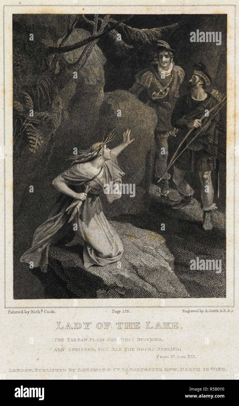 Illustration to Canto IV, Stanza XXI, 'The Tartan Plaid she first decried/And shrieked till all the Rocks replied'. The Lady of the Lake ... The fifth edition. London, 1810. Source: 83.k.2, opposite page 173. Language: English. Author: SCOTT, WALTER. Smith, A. Stock Photo