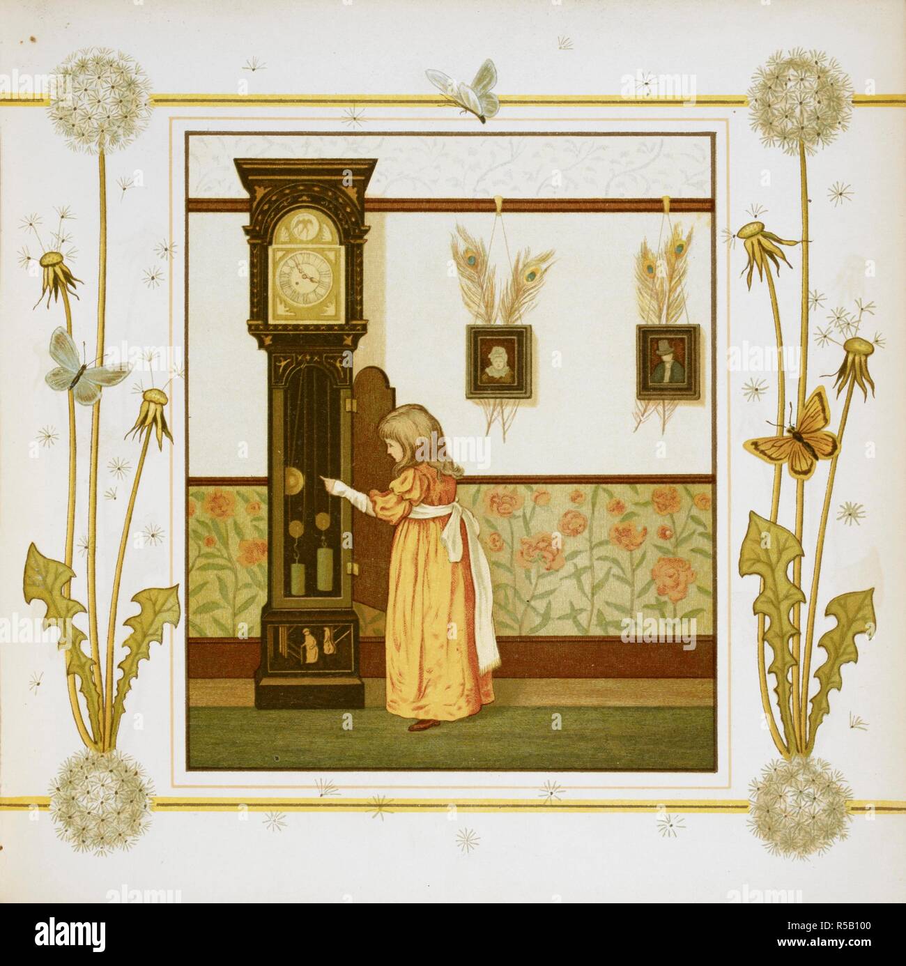 A girl wearing an orange dress, adjusts a grandfather clock. At Home again. Verses. [Illustrated by] J. G. Sowerby and T. Crane. London : Marcus Ward & Co., [1886]. Source: 12806.t.30, page 21. Author: Sowerby, John: Crane, T. Stock Photo