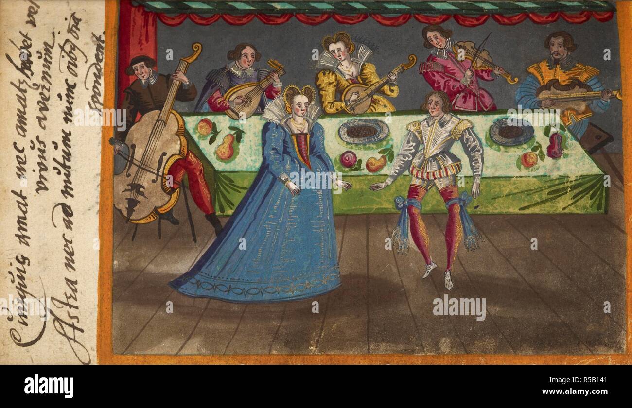 Musicians playing instruments, including a cello, lute and fiddle, seated round a table, with a