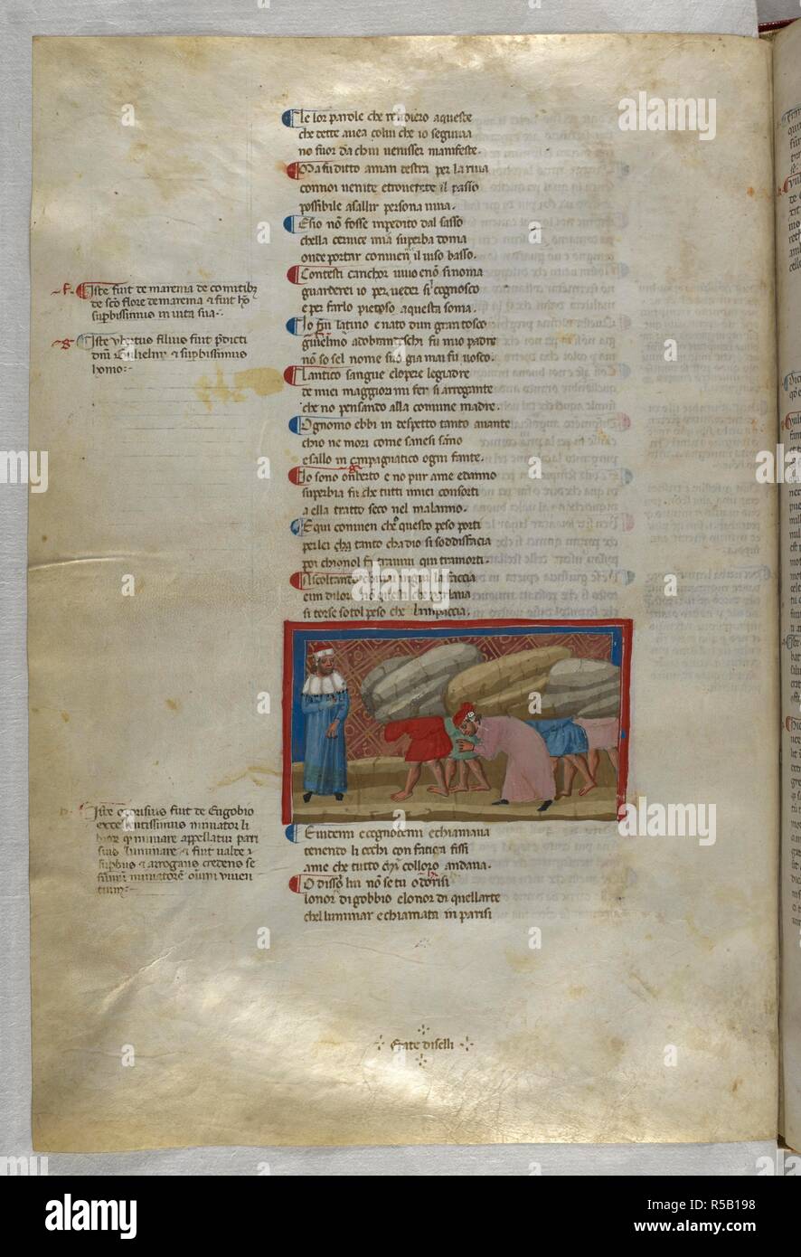 Purgatorio: Dante bending over to speak to one of the proud souls, perhaps Oderisi of Gubbio, the illuminator. Dante Alighieri, Divina Commedia ( The Divine Comedy ), with a commentary in Latin. 1st half of the 14th century. Source: Egerton 943, f.82v. Language: Italian, Latin. Stock Photo