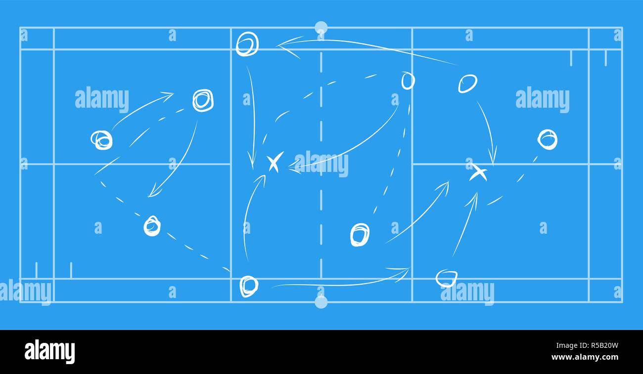 Volleyball sport field plan with game strategy red scheme isolated on