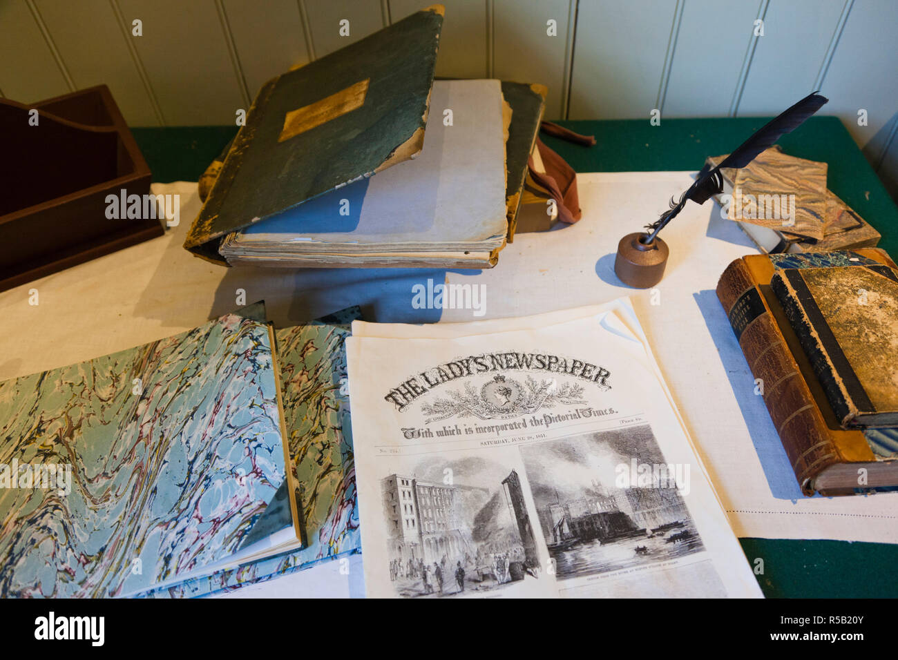 Canada, British Columbia, Vancouver-area, Langley, Fort Langley National Historic Site, fortified trading post built in 1827, desk with The Ladys Newspaper Stock Photo