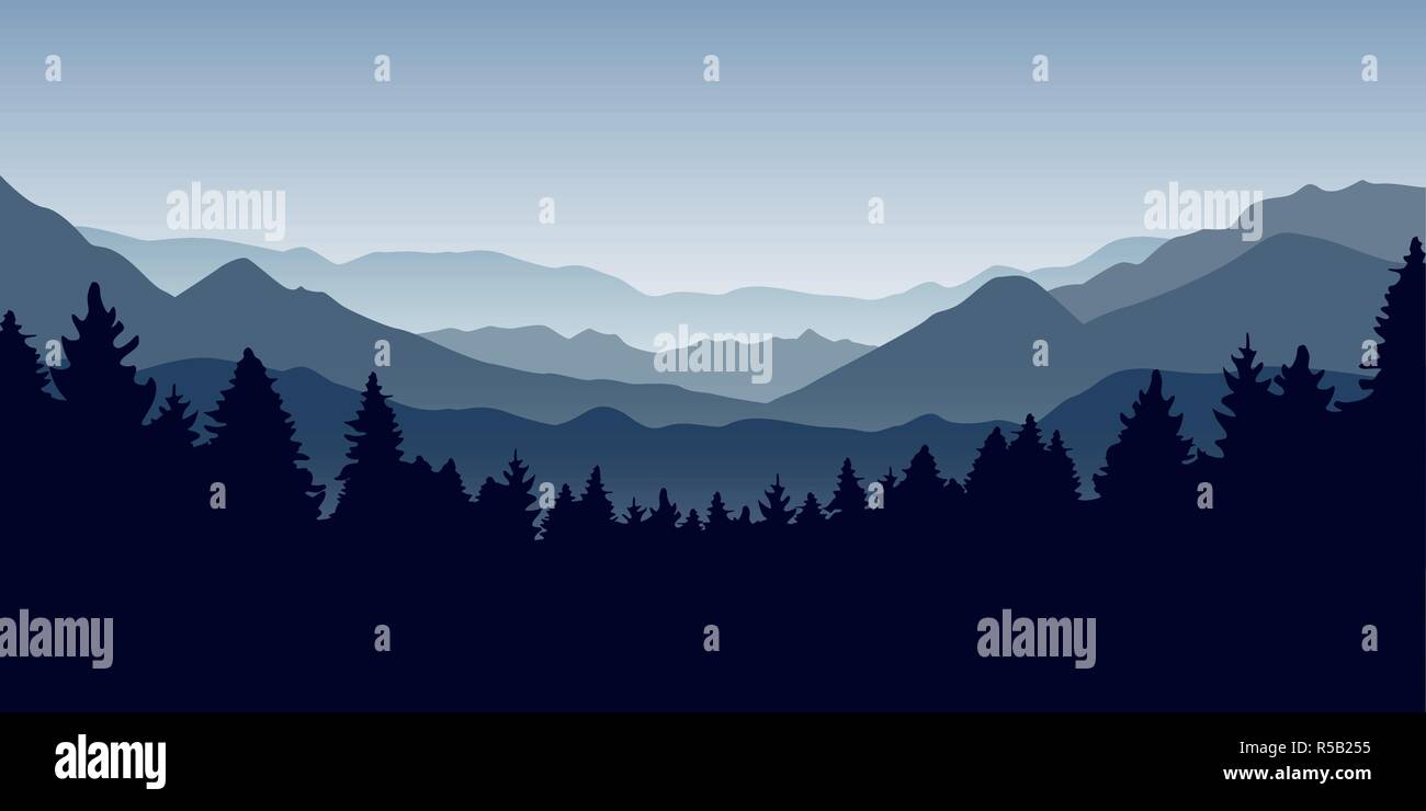 blue foggy mountain and forest nature landscape vector illustration EPS10 Stock Vector