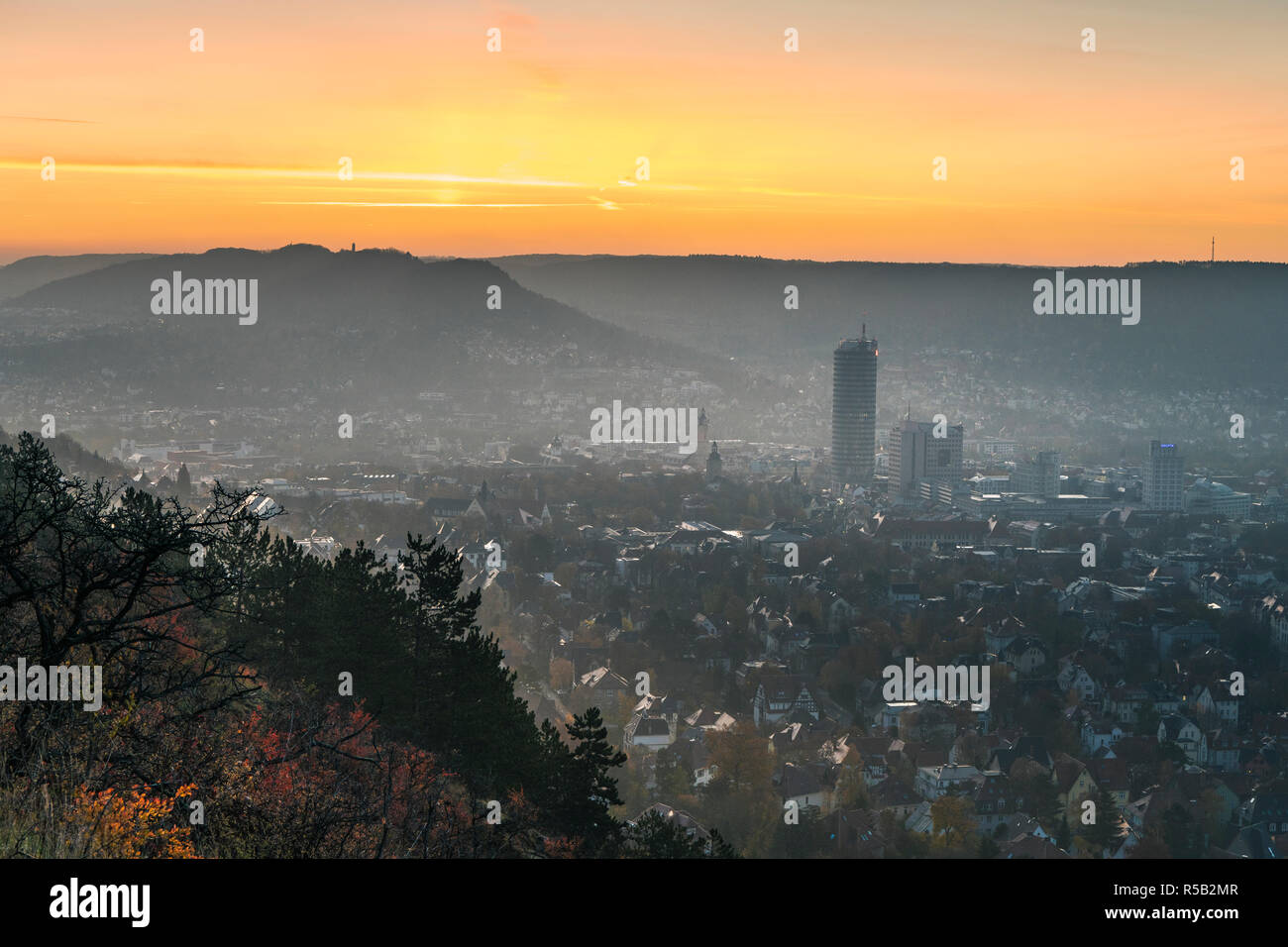 Sunrise over Jena, Nebel, Thuringia, Germany Stock Photo