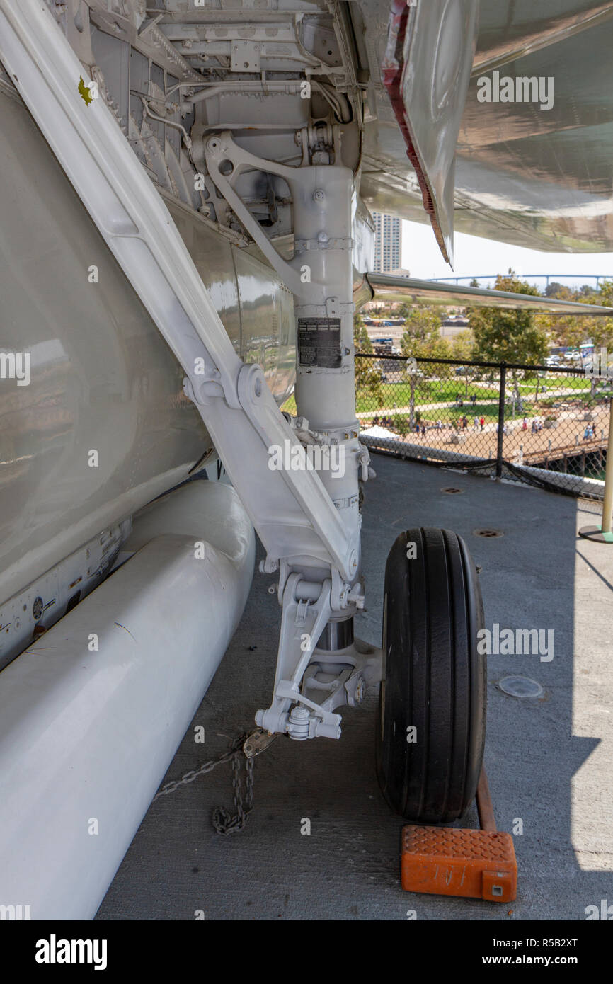 Landing gear or undercarriage of a F-14 Tomcat fighter aircraft, USS Midway Museum, San Diego, California, United States. Stock Photo