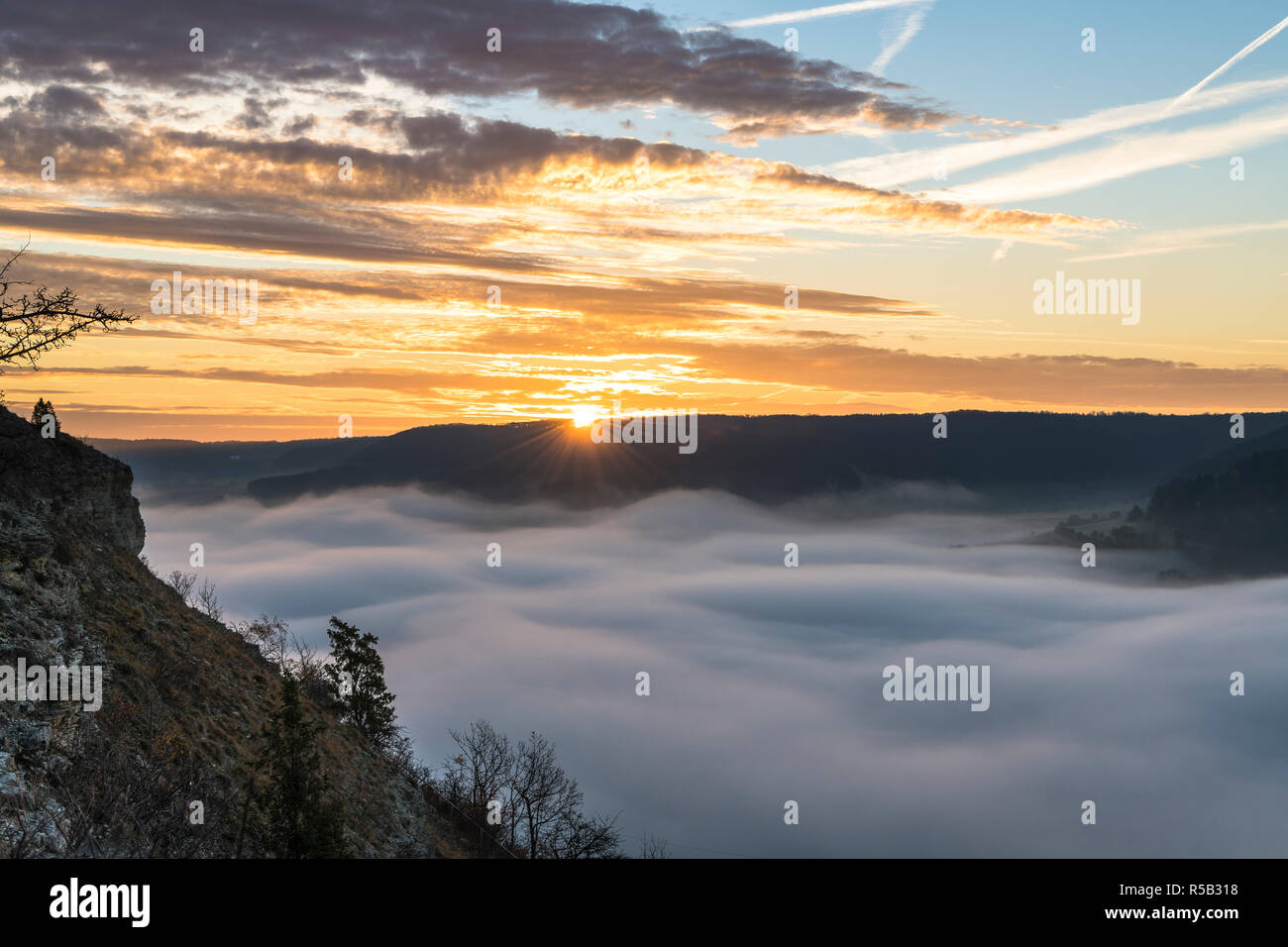Sunrise over Jena, Nebel, Thuringia, Germany Stock Photo