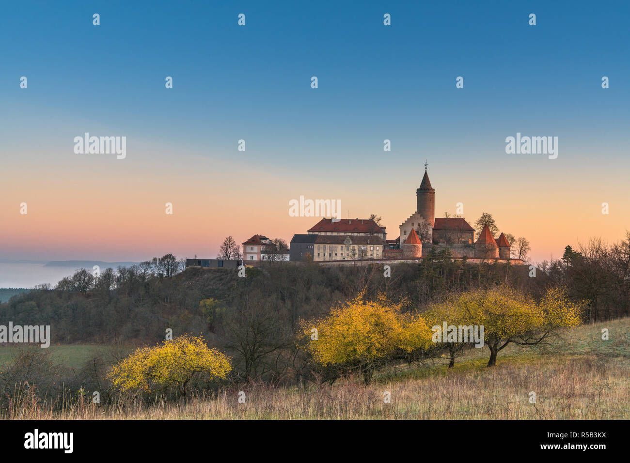 Leuchtenburg at sunrise, Seitenroda, Thuringia, Germany Stock Photo