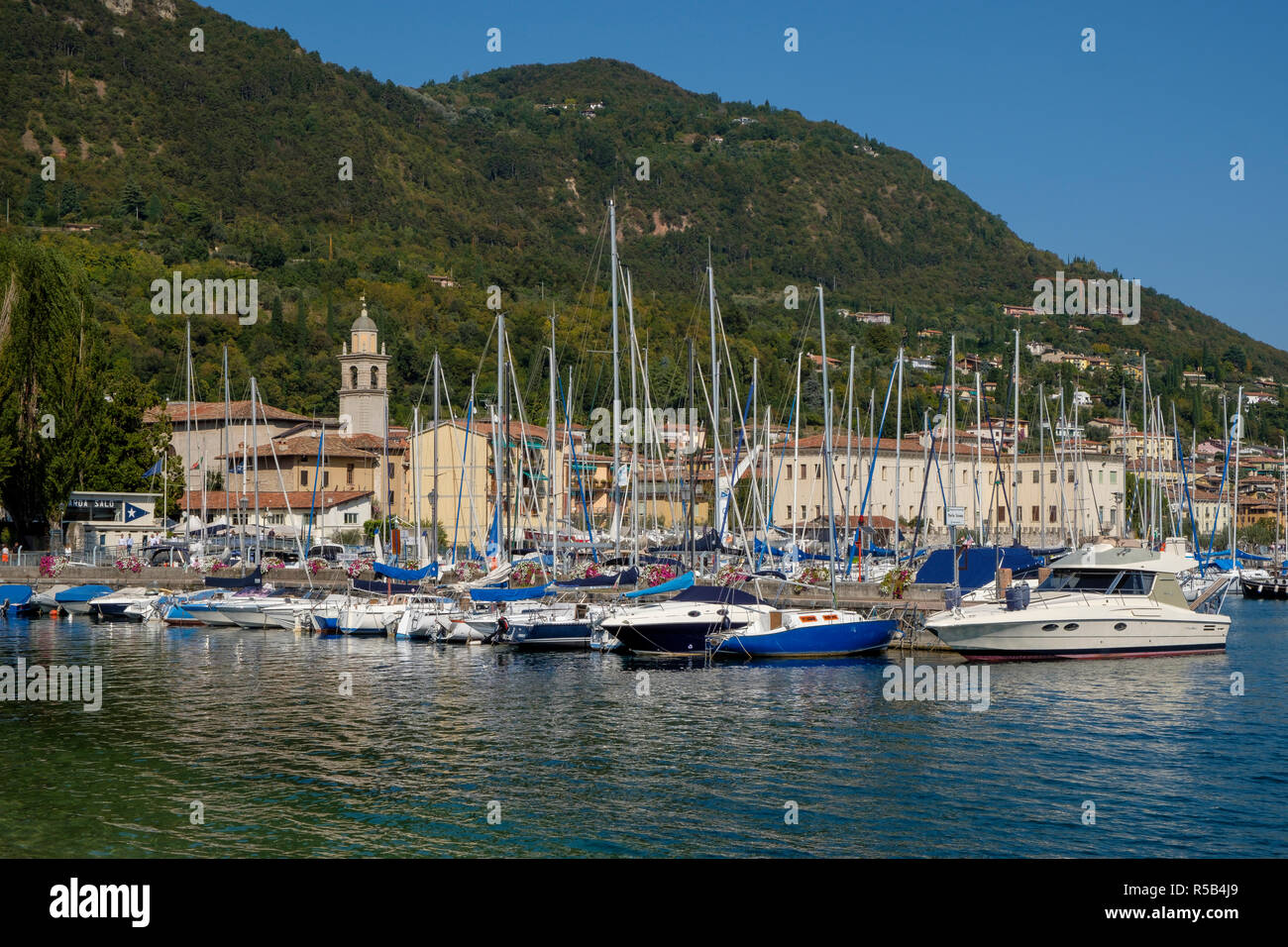 Sailing boats in the port of Salò, Lake Garda, Brescia province, Lombardy, Italy Stock Photo