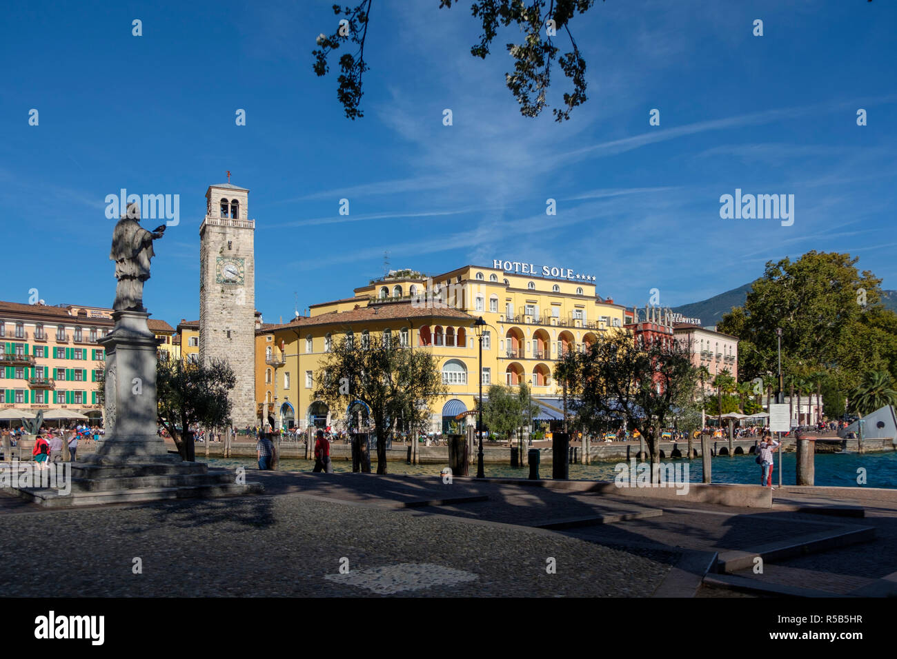 Waterfront with the Torre Apponale, Riva del Garda, Trentino, Italy Stock Photo
