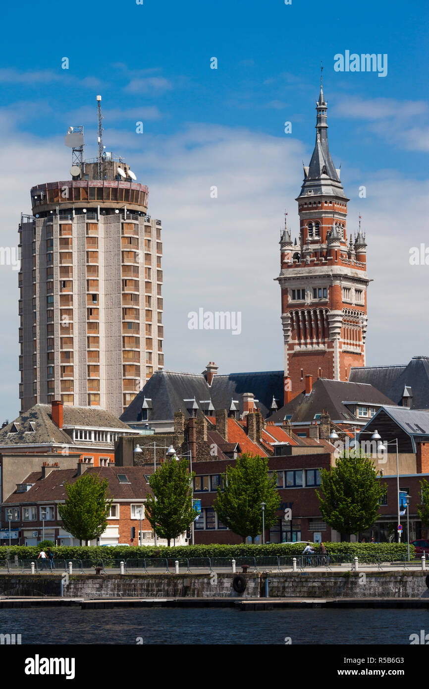 France, Nord-Pas de Calais Region, French Flanders Area, Dunkerque, Bassin du Commerce marina and town hall tower Stock Photo