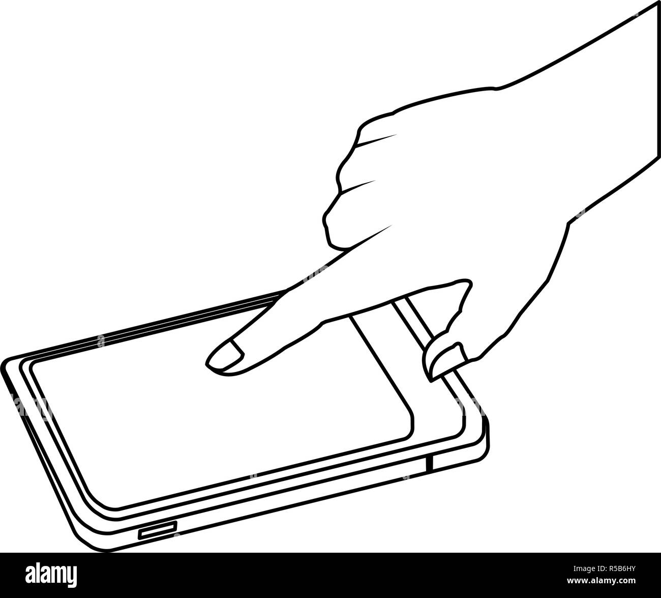 Hand touching smartphone screen black and white Stock Vector Image ...