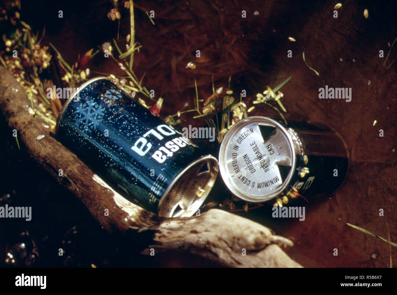 Even the Prospect of a Five Cent Refund Per 'Throwaway' Aluminum Can in Oregon Has Not Stopped Littering Entirely. The State Was the First to Enact a Law Making All Cans and Bottles Returnable for a Deposit 05/1973 Stock Photo