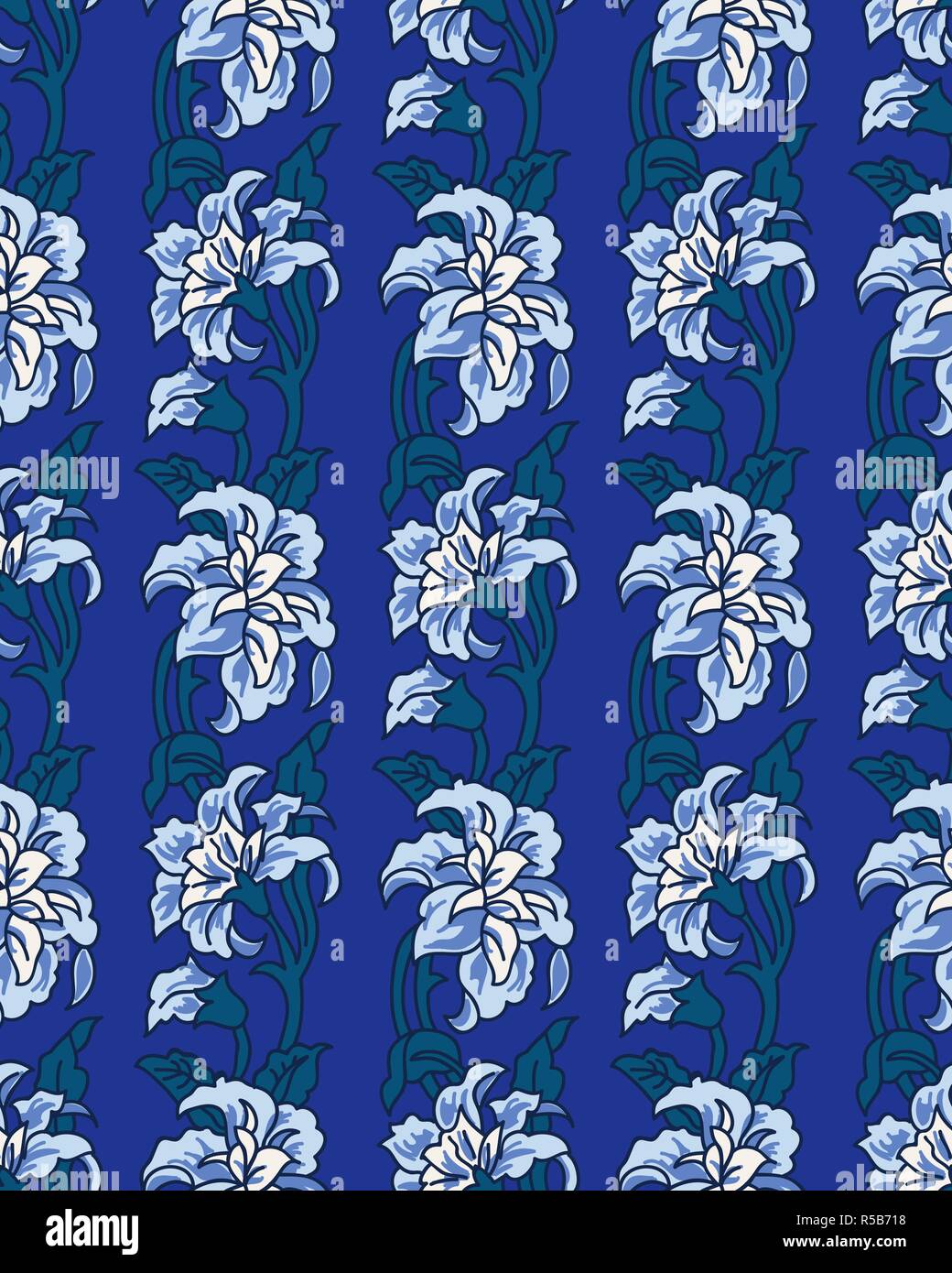 Woodblock printed seamless ethnic floral pattern. Traditional oriental ornament of India, vertical garland motif with peony flowers, blue shades. Stock Vector