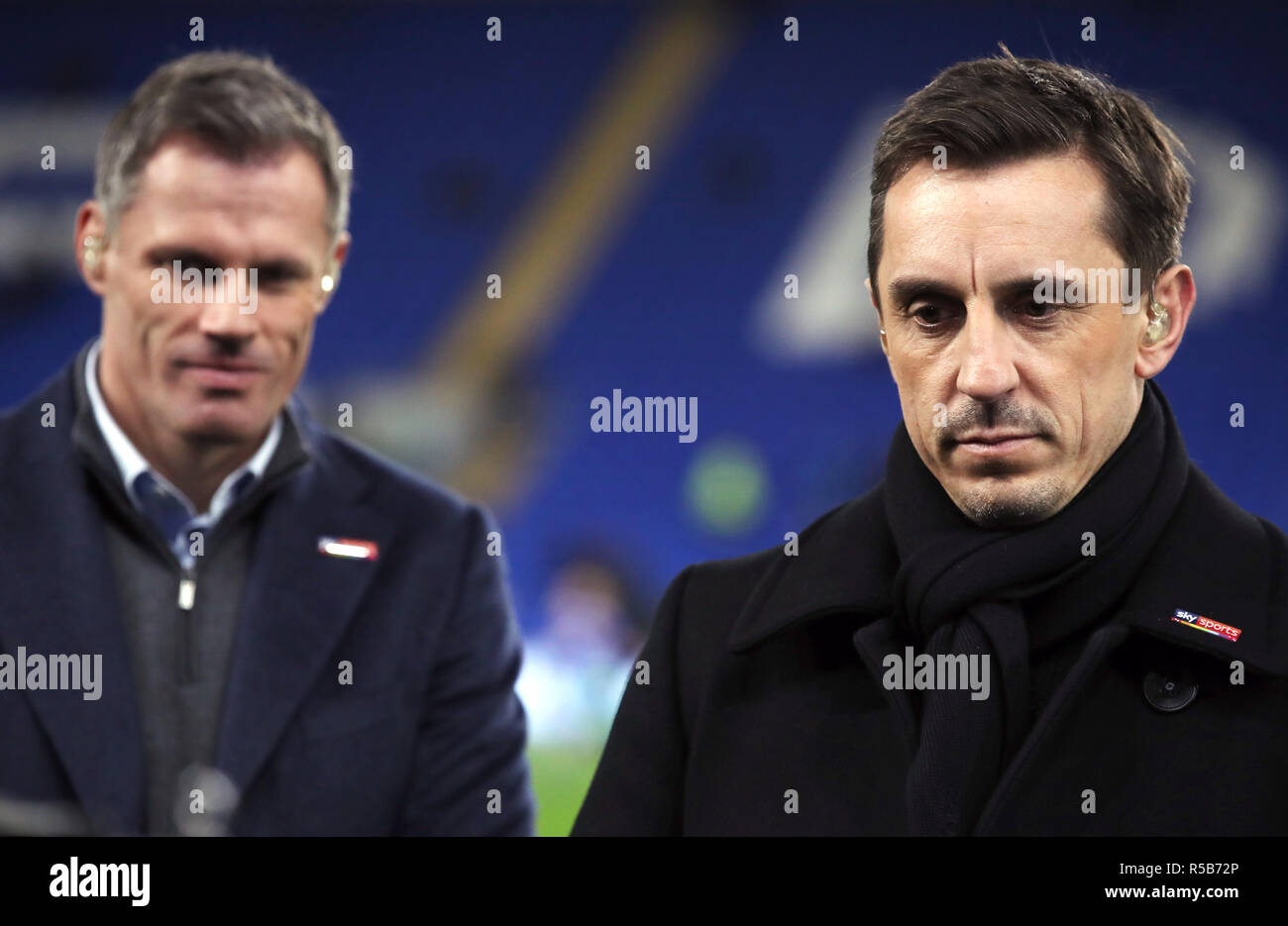 Sky Sports pundits Jamie Carragher (left) and Gary Neville during the Premier League match at Cardiff City Stadium. PRESS ASSOCIATION Photo