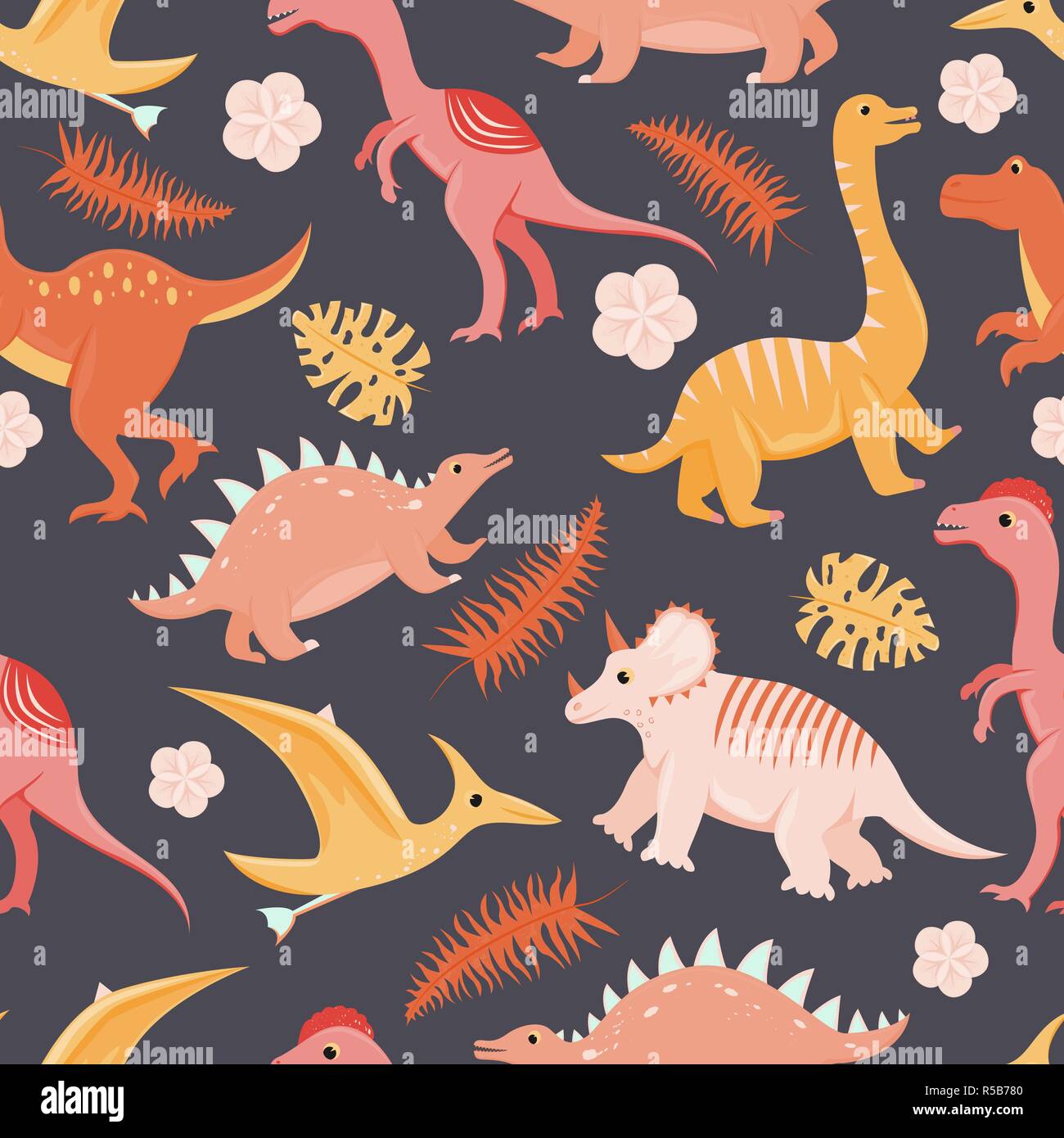 Seamless pattern with flat vector cartoon dinosaurs Stock Vector Image ...