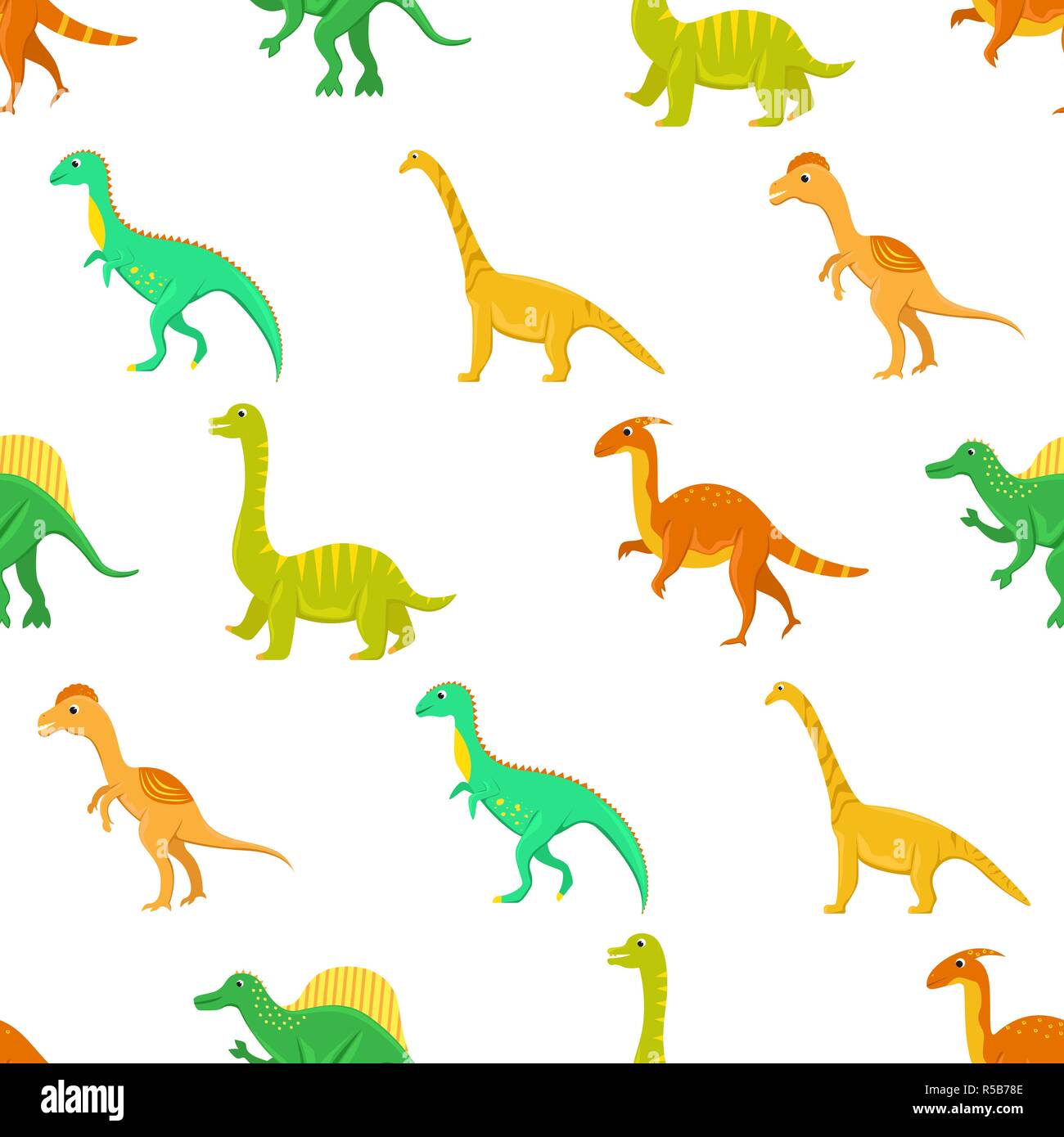Seamless pattern with flat vector cartoon dinosaurs. Stock Vector