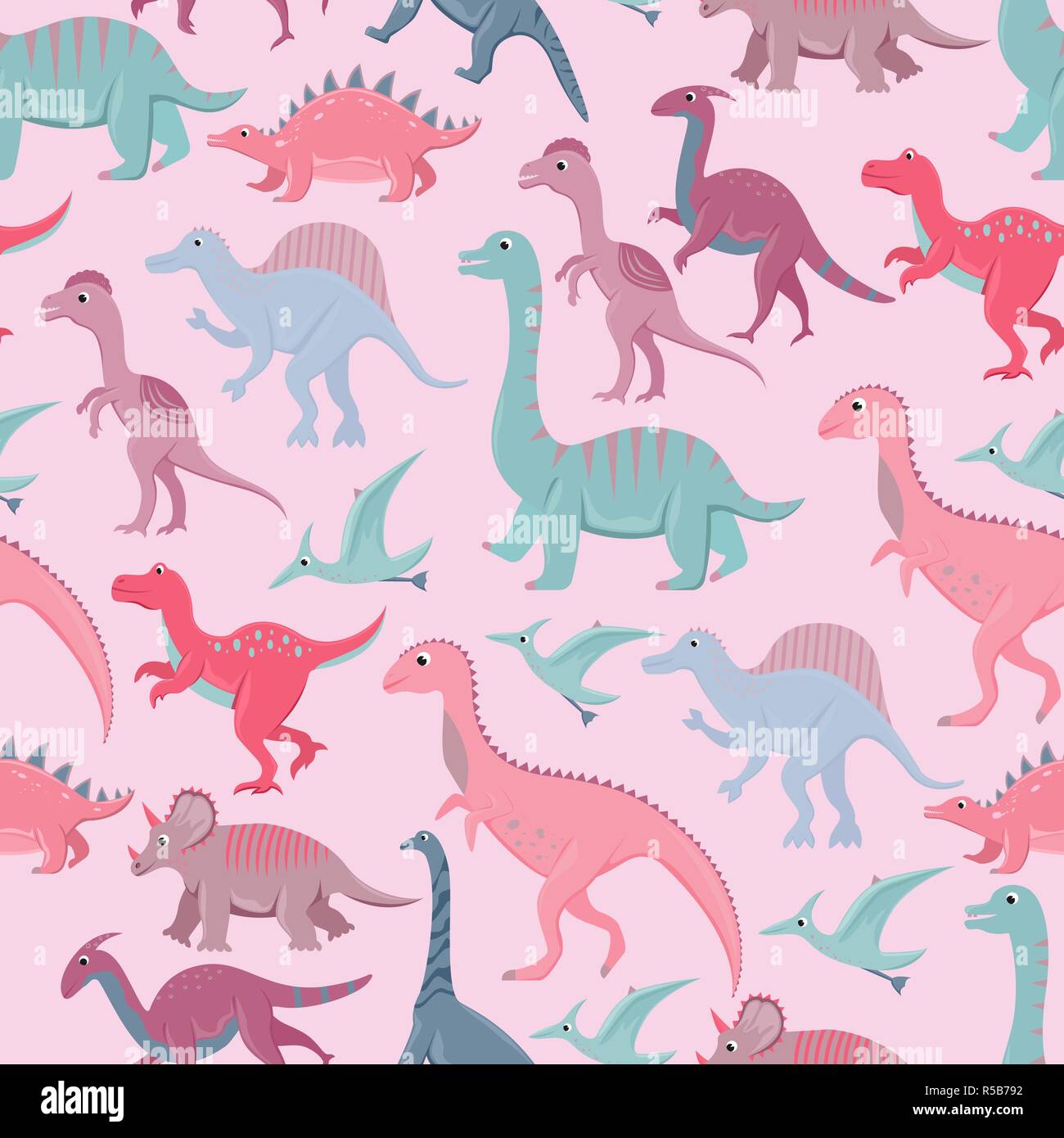 Seamless pattern with flat vector cartoon dinosaurs. Stock Vector