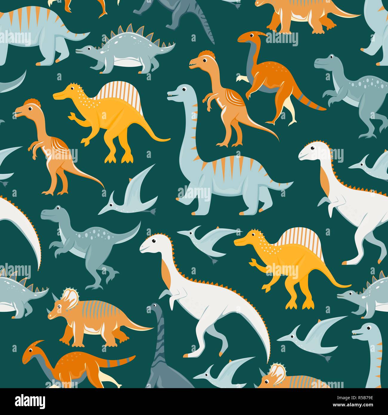 Seamless pattern with flat vector cartoon dinosaurs. Stock Vector