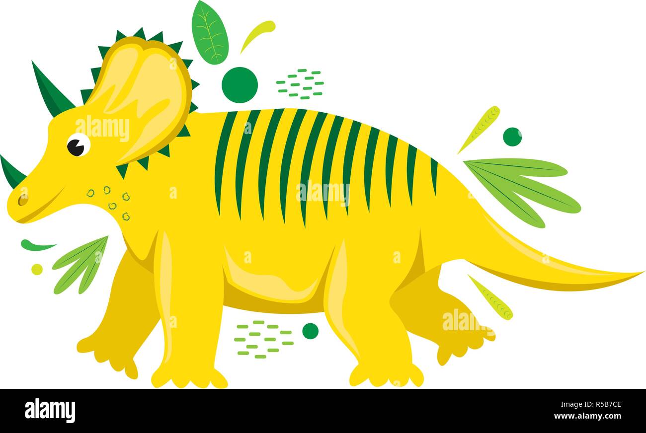Flat vector isolated cartoon dinosaur with abstract leaves. Stock Vector