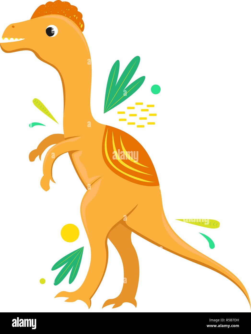 Flat vector isolated cartoon dinosaur with abstract leaves. Stock Vector