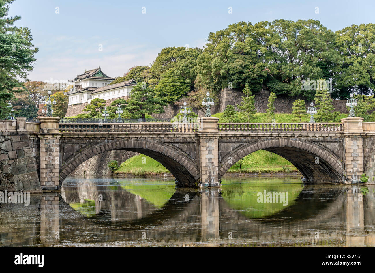 Seimon Ishibashi Bridge and Nishinomaru Gate at Imperial Palace seen Kokyogaien National Gardens, Tokyo, Japan Stock Photo