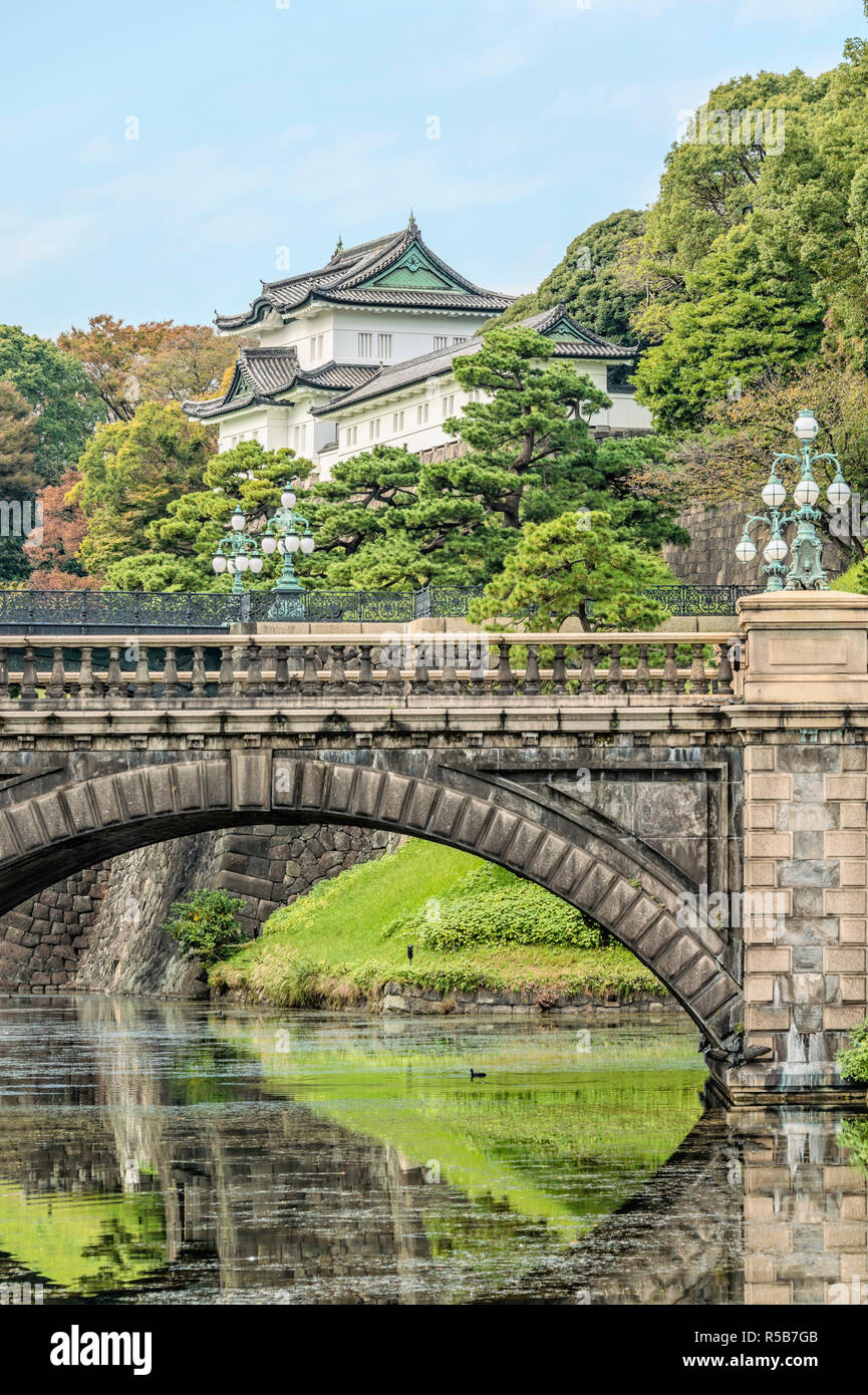 Seimon Ishibashi Bridge and Nishinomaru Gate at Imperial Palace seen Kokyogaien National Gardens, Tokyo, Japan Stock Photo