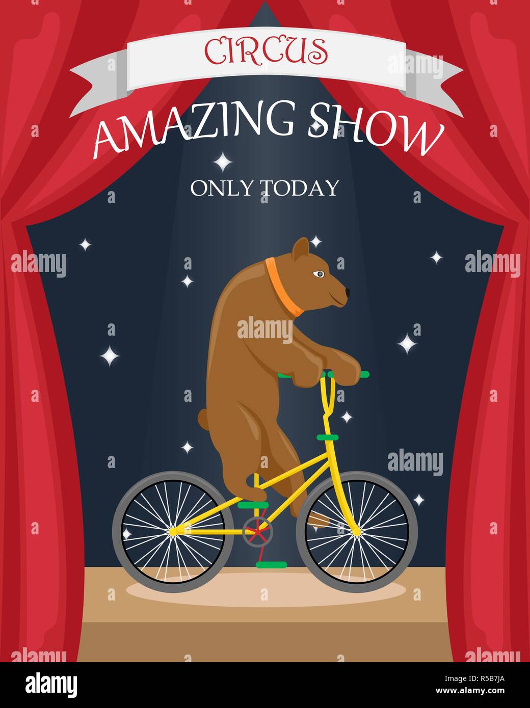 Circus bear on a bicycle. Flat vector poster. Stock Vector