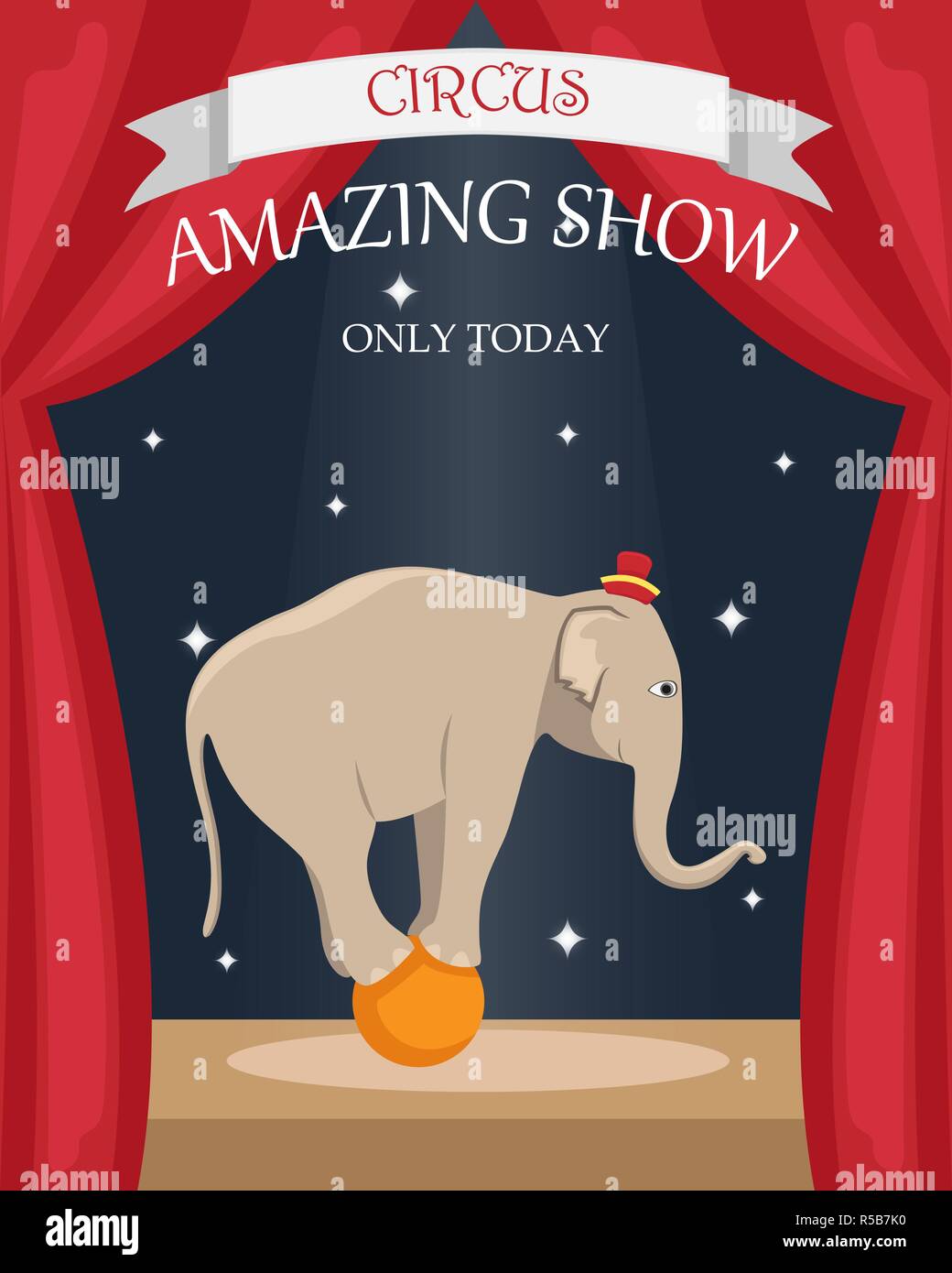 Circus trained elephant on the ball. Flat vector poster. Stock Vector