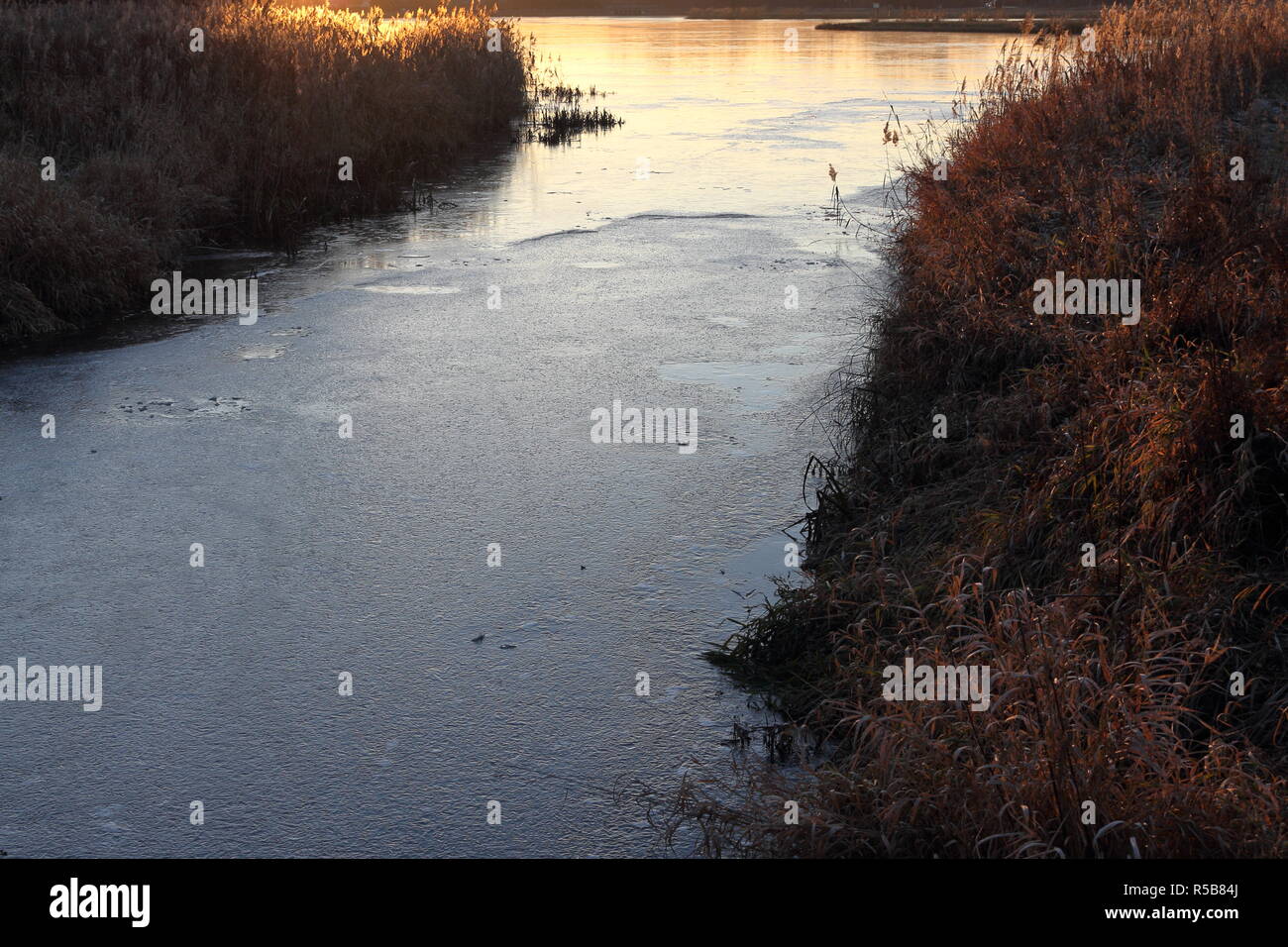 Stream flowing into the lake freezes at low temperature in late November Stock Photo