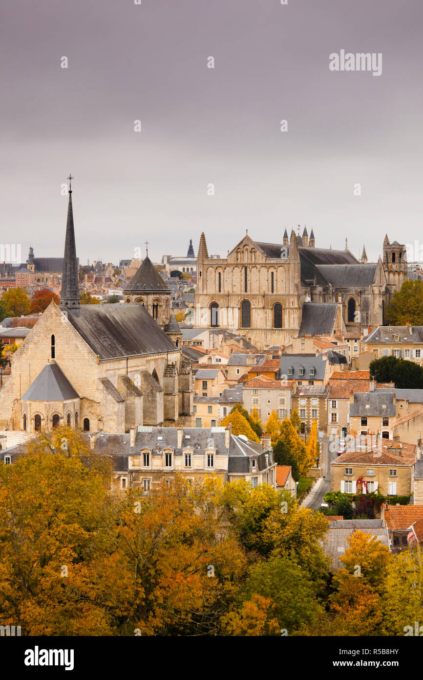 France, Poitou-Charentes Region, Vienne Department, Poitiers, elevated view of town and Cathedrale St-Pierre, autumn Stock Photo