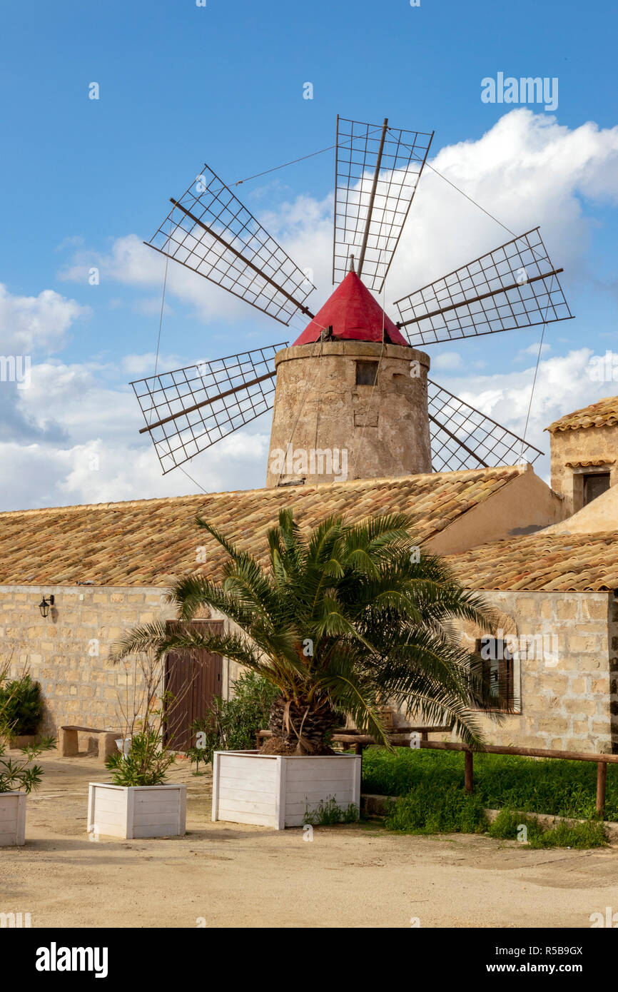 Saline di Nubia, the Museum of Salt, with a typically Spanish windmill, Paceco,Trapani, Sicily, Italy, Europe Stock Photo