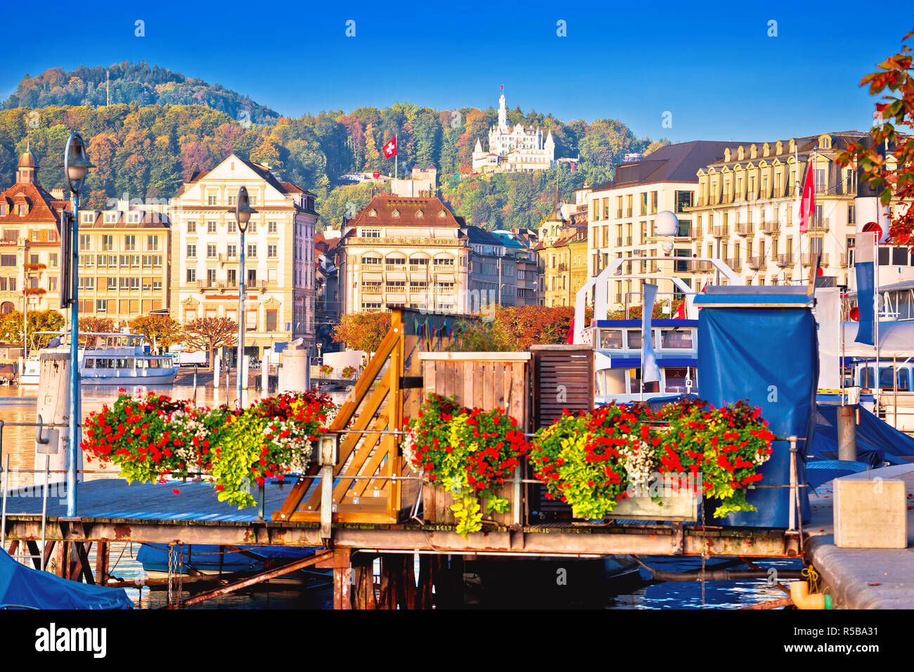 City of Lucerne colorful lake waterfront and landmarks view, central Switzerland Stock Photo