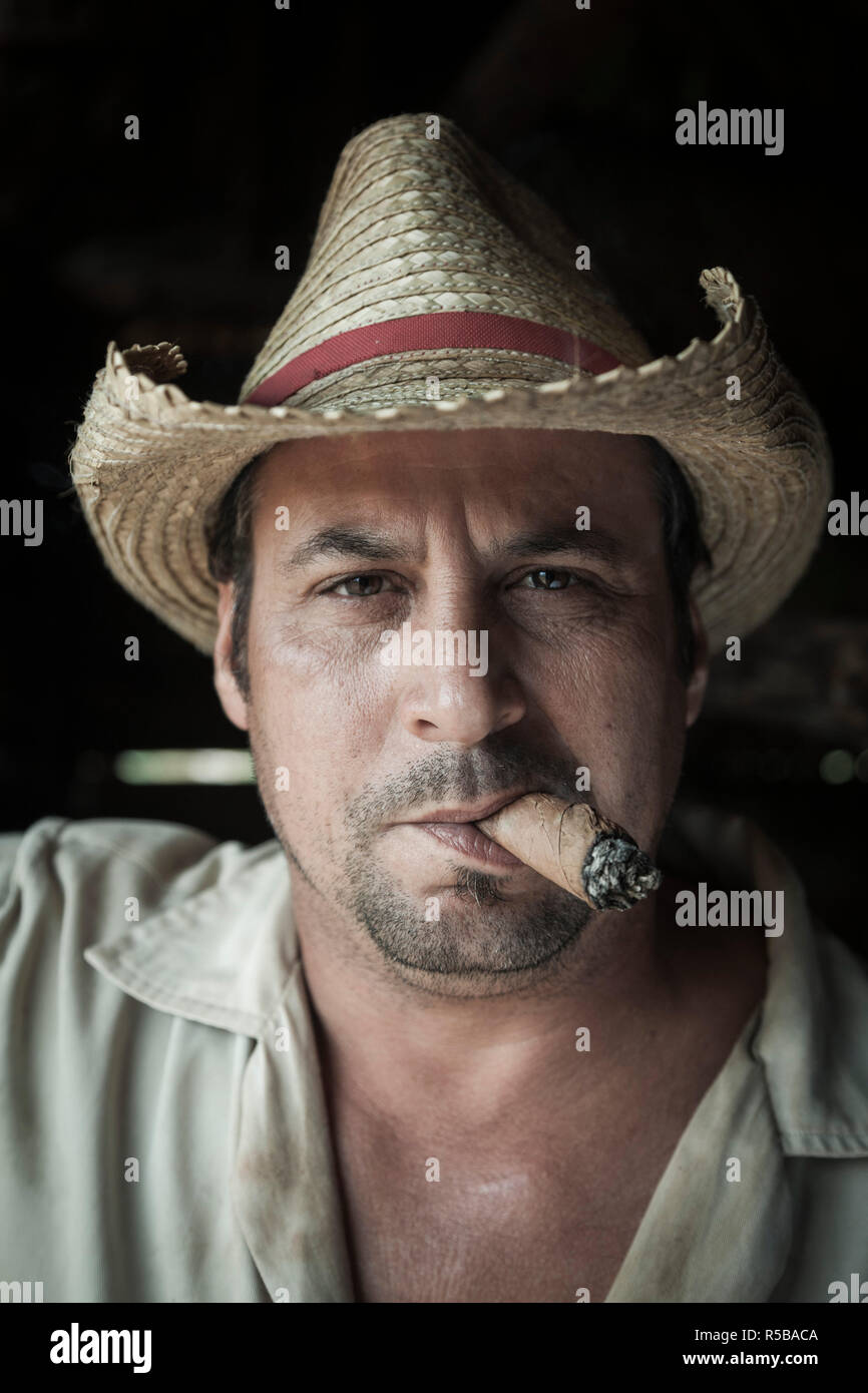 Cuba, Pinar del Rio Province, Vinales, Vinales Valley, tobacco planter smoking Cuban cigar Stock Photo