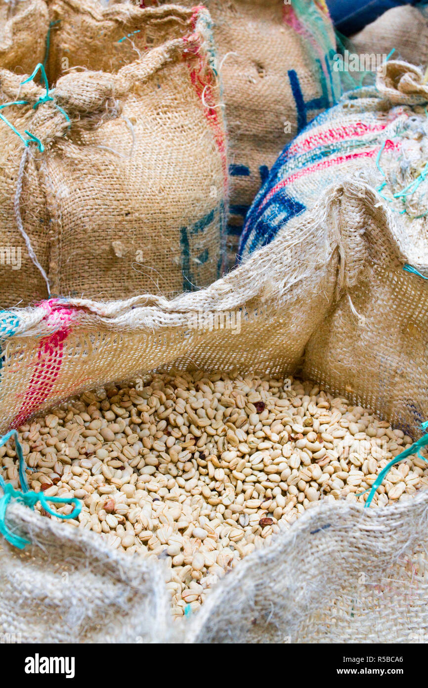 Colombia, Caldas, Manizales, Chinchina, Hacienda de Guayabal, Coffee beans in sacks ready for export Stock Photo