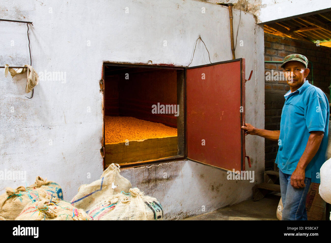 Colombia, Caldas, Manizales, Chinchina, Hacienda de Guayabal, A worker showing the oven where the coffee is dried Stock Photo