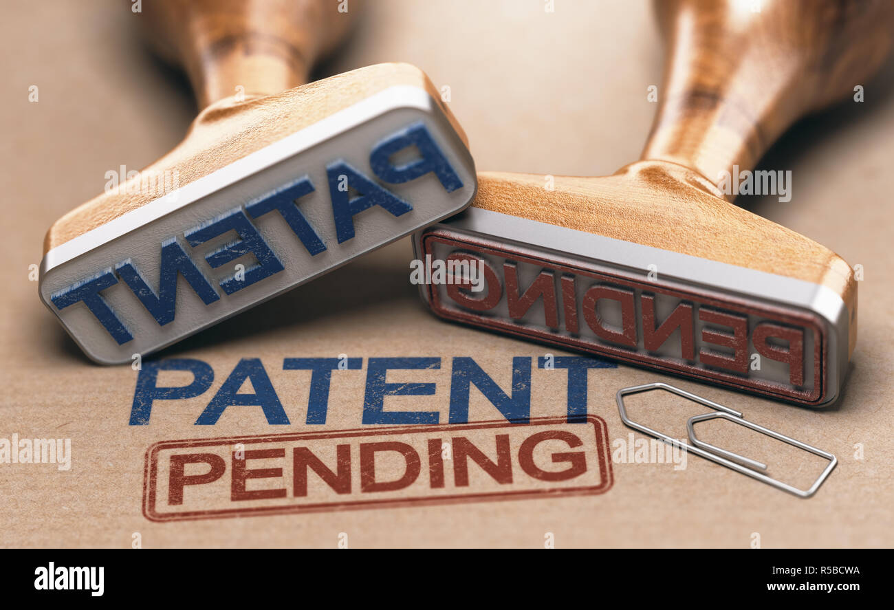 Two rubber stamps with the words patent and pending over brown paper background. Intellectual property concept. 3D illustration. Stock Photo