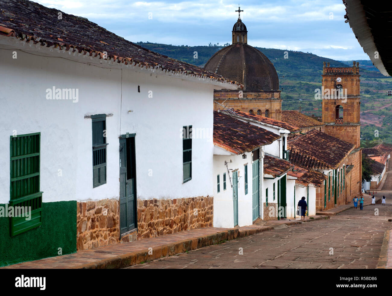 Colombia, Barichara, Colonial Town, National Monument, Santander Province, 18th century Cathedral de la Immaculada Concepcion, Typical Hill Street, Adobe Houses Stock Photo