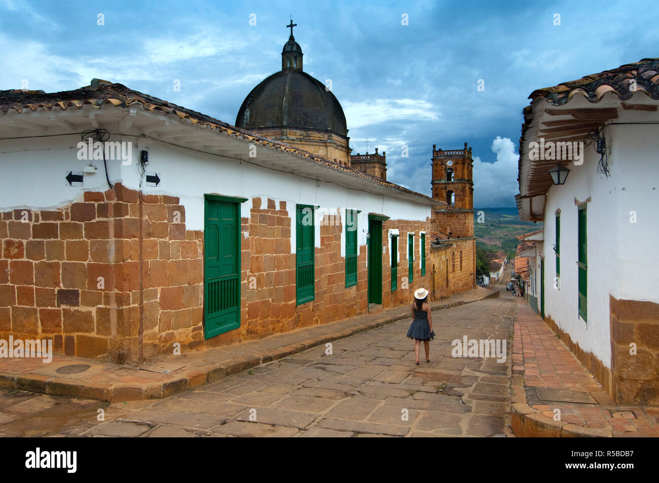 Colombia, Barichara, Colonial Town, National Monument, Santander Province, 18th century Cathedral de la Immaculada Concepcion, Colombian Woman (MR) Stock Photo