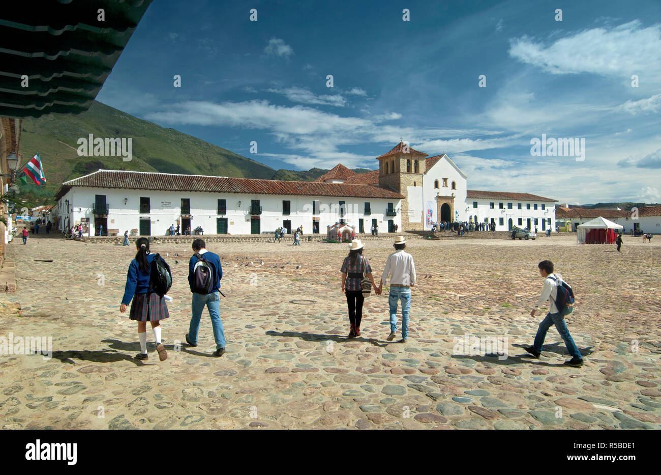 Colombia, Villa de Leyva, Boyaca Province, National Monument,  Plaza Mayor, Largest Plaza In The Country, Iglesia Parroquial, Stock Photo